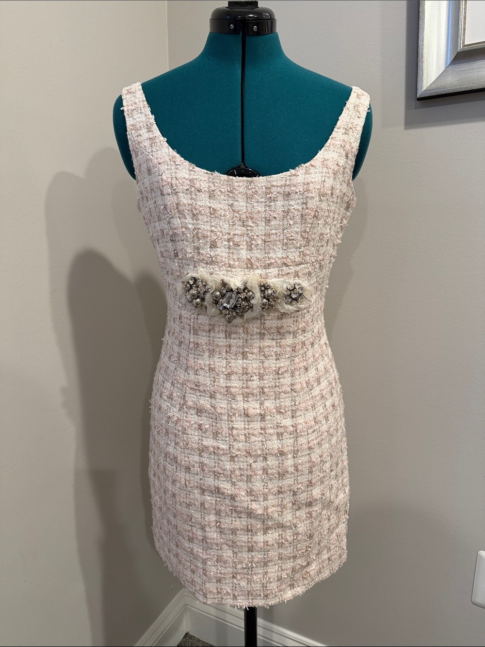 Boston Proper Pink Tweed Embellished Mini Dress